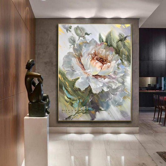 Big Abstract Flower Oil Painting White Green Floral Wall Art Neutral Color Flower Paintings Large Flowers for Wall Decor Painting Abstract