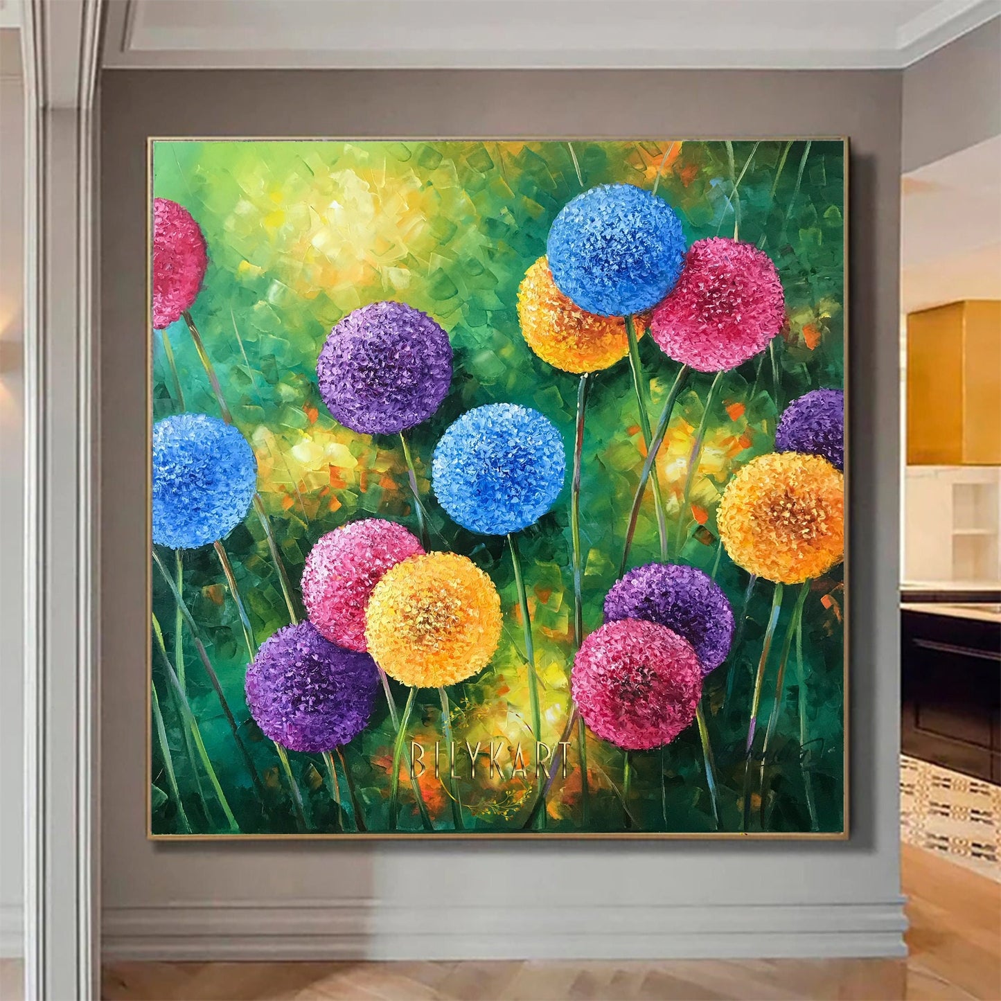 Large Dandelion Oil Painting Original Flower Field Artwork Colorful Dandelion Canvas Art Large Flowers Oil Paintings on Canvas Floral Art