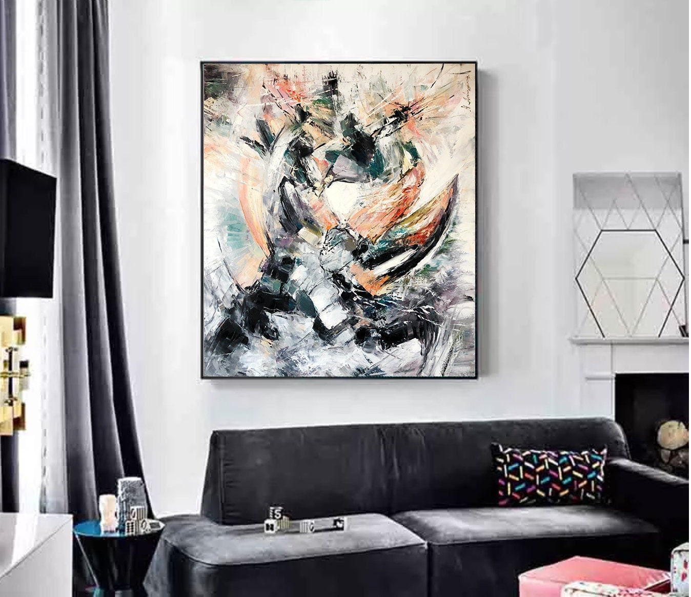 Modern Abstract Oil Painting on Canvas Stock Market Art Wall Street Art Contemporary Black Abstract Handmade Painting Finance Wall Art