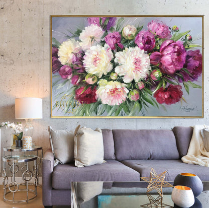 Large Peony Oil Painting Original Big Peony Wall Art Floral Wall Decor for Living Room White and Pink Peonies Painting Canvas Peony Artwork