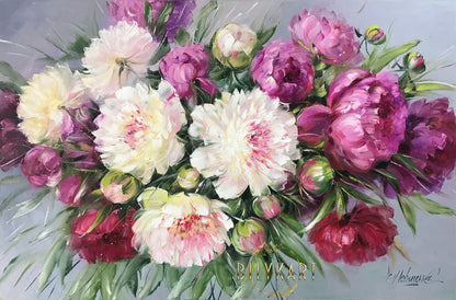 Large Peony Oil Painting Original Big Peony Wall Art Floral Wall Decor for Living Room White and Pink Peonies Painting Canvas Peony Artwork