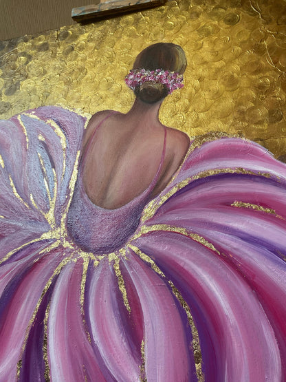 Pink Ballerina Oil Painting Original Pink and Gold Ballerina Wall Art Modern Dress Painting Girly Art Sitting Ballerina Painting on Canvas