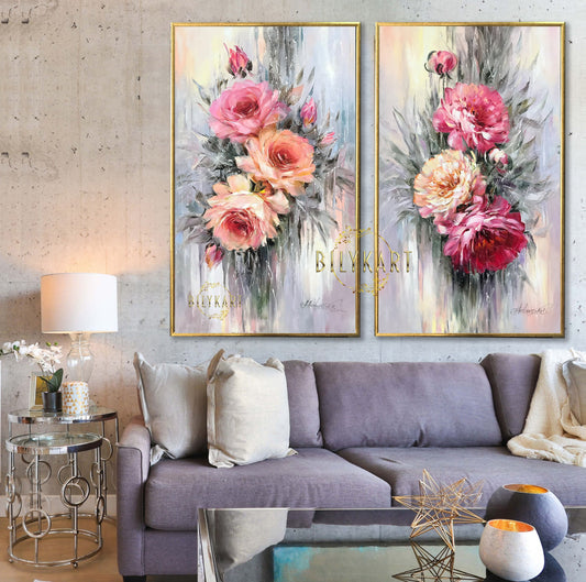 Set of 2 Painting Abstract Flowers Art Original Floras Handmade Paintings 2 Matching Vertical Flower Paintings Wedding Gifts Paintings Set