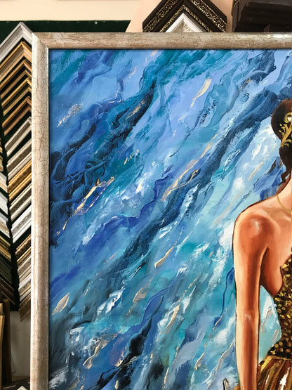 Abstract Woman in Gold Dress Oil Painting Original Girl Music Painting Blue Gold Violin Decor Violin Player Painting Modern Woman Artwork