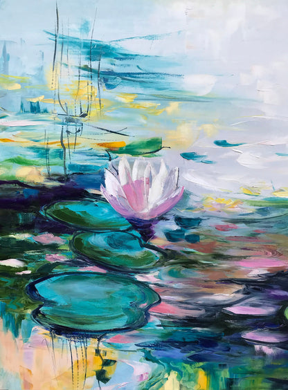 Water Lily Pond Oil Painting, Monet-Inspired Water Lilies Art, Original Hand Painted Pink Lotus Flower Impressionist Canvas Artwork