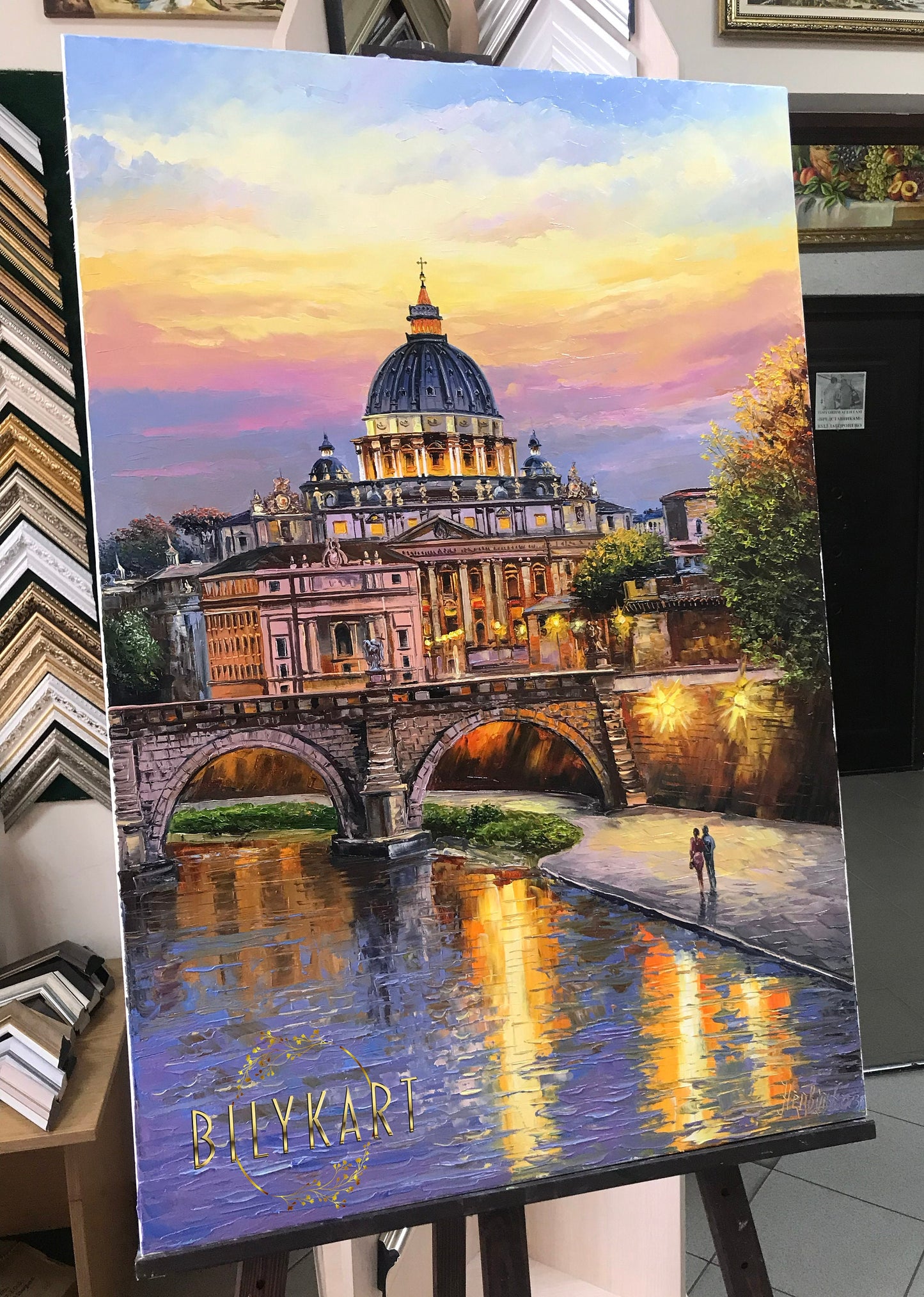 Rome Italy Oil Painting Original Evening in Vatican City Wall Art, Famous St Peter's Basilica Church Artwork
