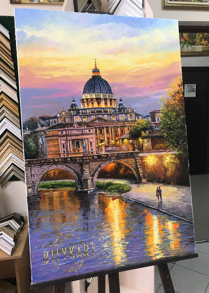 Rome Italy Oil Painting Original Evening in Vatican City Wall Art, Famous St Peter's Basilica Church Artwork