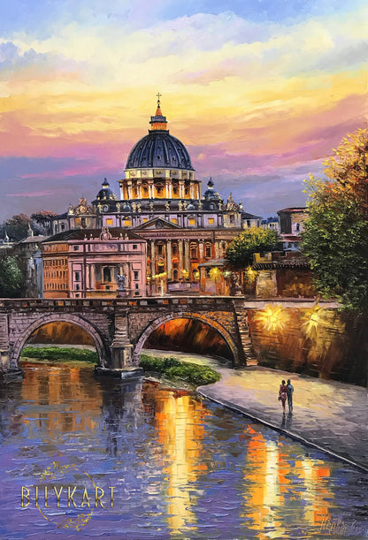 Rome Italy Oil Painting Original Evening in Rome Painting Italian Artwork Rome Wall Art Italian Landscape Painting Framed Painting on Canvas