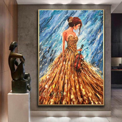 Abstract Woman in Gold Dress Oil Painting Original Girl Music Painting Blue Gold Violin Decor Violin Player Painting Modern Woman Artwork