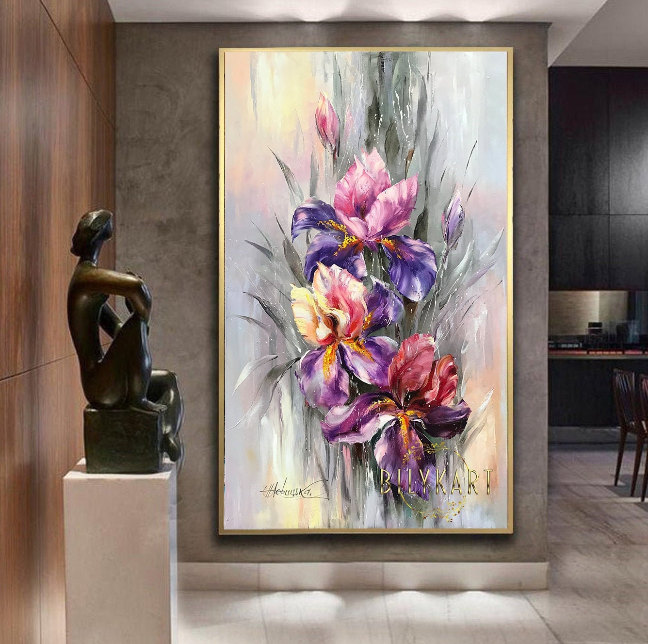 Abstract Iris Paintings on Canvas Purple Iris Wall Decor Abstract Flowers Painting Large Flowers Artwork