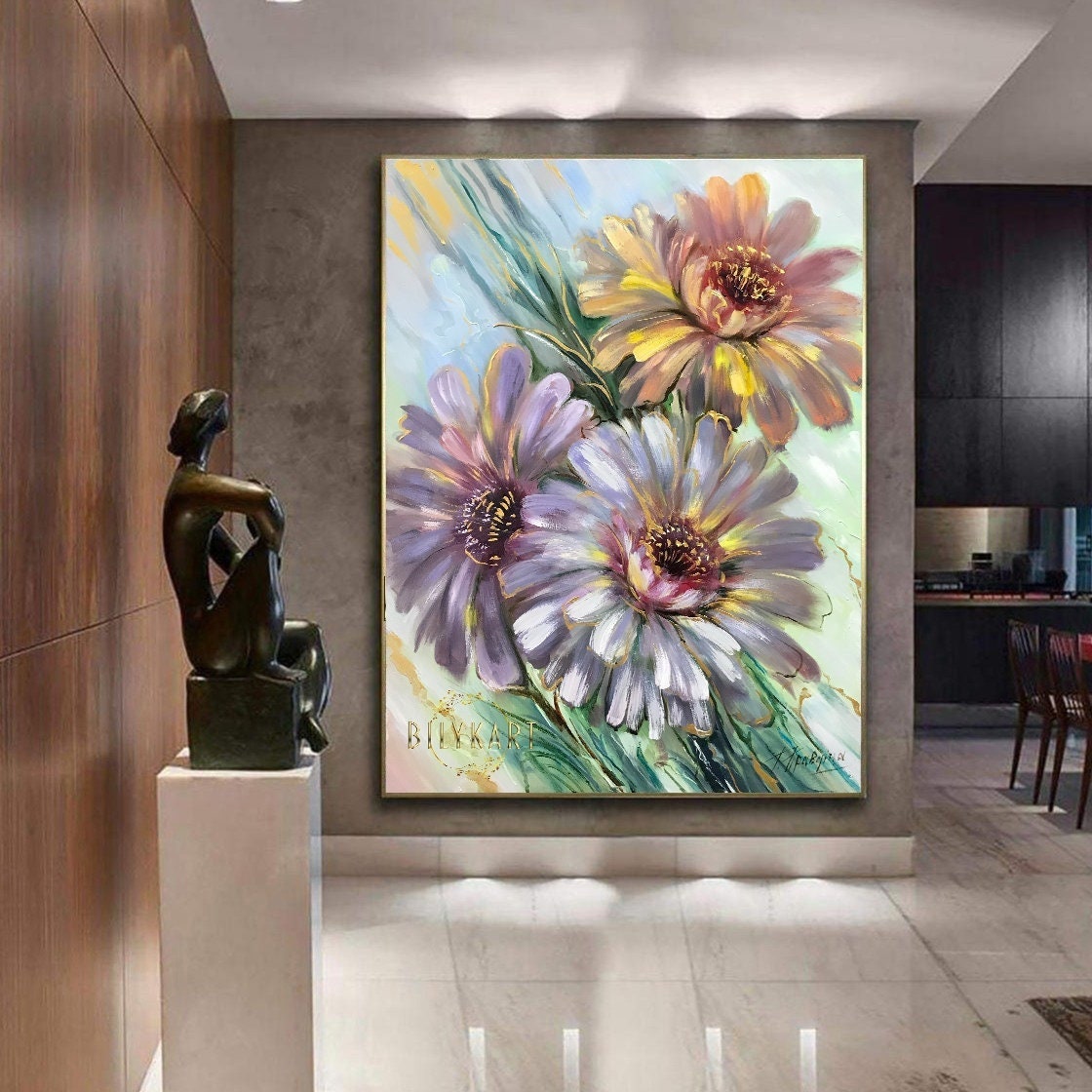 Oversized Gerbera Daisy Oil Painting Original Large Abstract Flower Wall Art Green Floral Painting Huge Flowers Wall Decor Painting Abstract