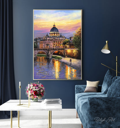 Rome Italy Oil Painting Original Evening in Rome Painting Italian Artwork Rome Wall Art Italian Landscape Painting Framed Painting on Canvas