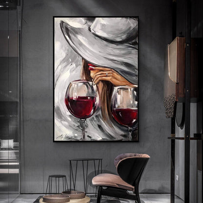 Wine Glasses Art Original Mysterious Woman Painting Red Lips Art Alcohol Painting Modern Room Decor Black Red Wall Art Wine Bar Art Decor