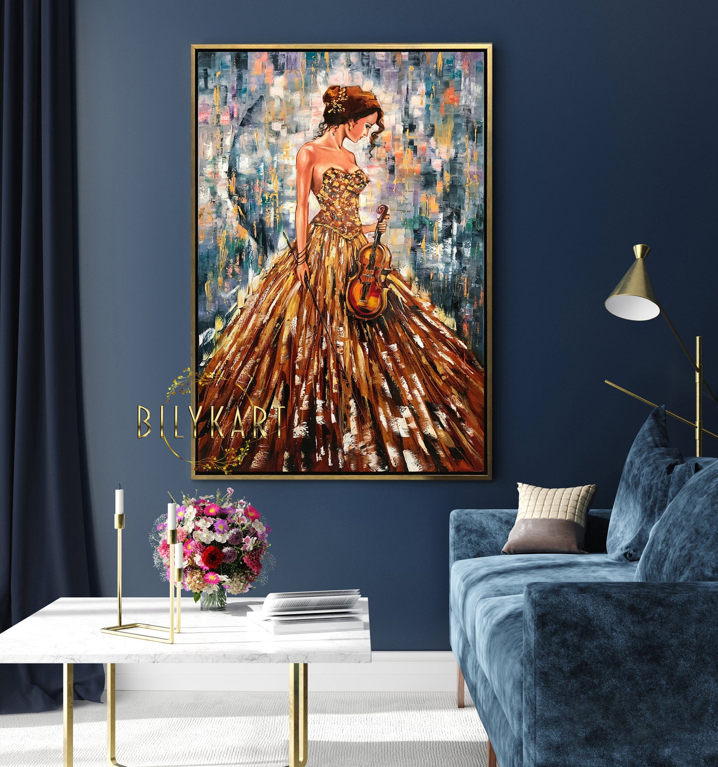 Lady Painting on Canvas Girl with Violin Art Woman in Gold Dress Painting Violin Home Decor abstract Woman Oil Painting Original Female Art