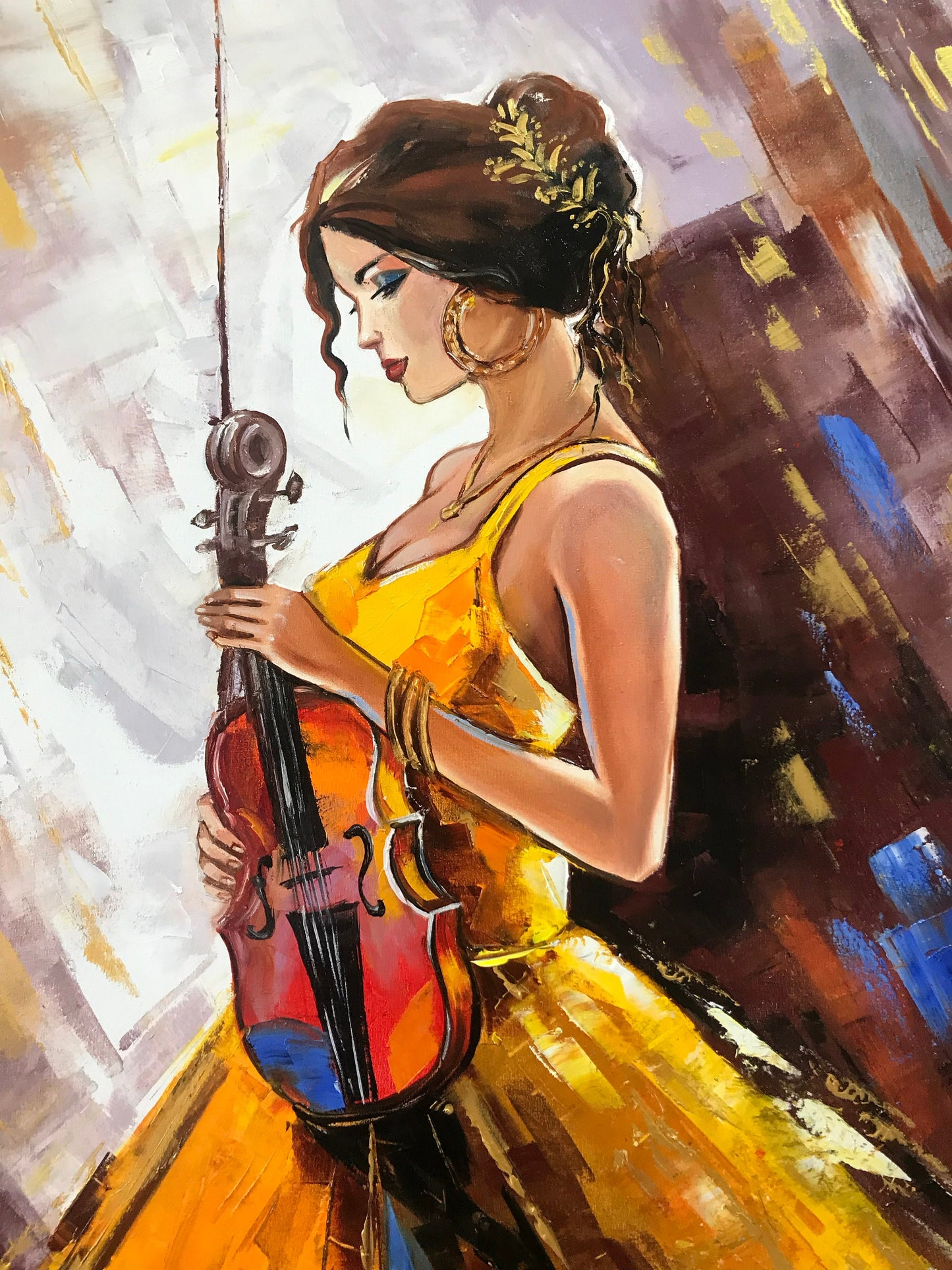 Abstract Woman in Yellow Dress Oil Painting Original Lady with Violin Painting Violin Decor Girl Violinist Painting Modern Woman Artwork