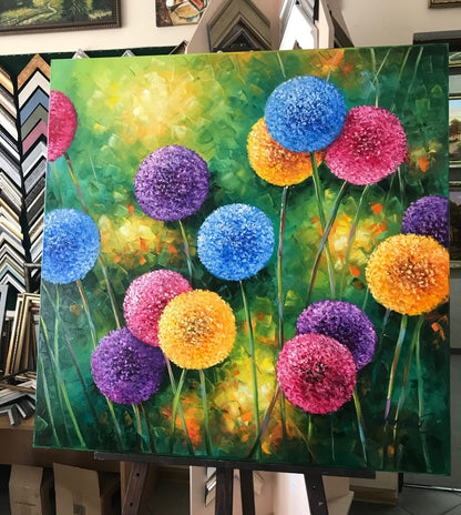 Large Dandelion Oil Painting Original Flower Field Artwork Colorful Dandelion Canvas Art Large Flowers Oil Paintings on Canvas Floral Art