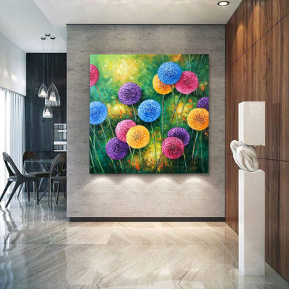 Large Dandelion Oil Painting Original Flower Field Artwork Colorful Dandelion Canvas Art Large Flowers Oil Paintings on Canvas Floral Art