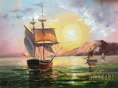 Sailing Ship Oil Painting Original Ship At Sunset Painting Sailing Wall Art Coastal Sailboat Artwork Ships at Sea Paintings Sailing Art