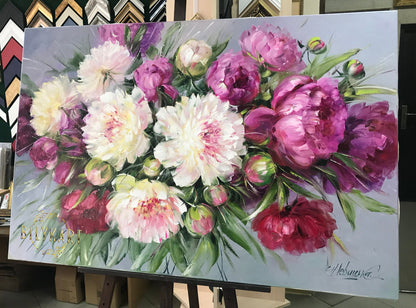 Large Peony Oil Painting Original Big Peony Wall Art Floral Wall Decor for Living Room White and Pink Peonies Painting Canvas Peony Artwork