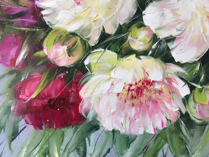 Large Peony Oil Painting Original Big Peony Wall Art Floral Wall Decor for Living Room White and Pink Peonies Painting Canvas Peony Artwork