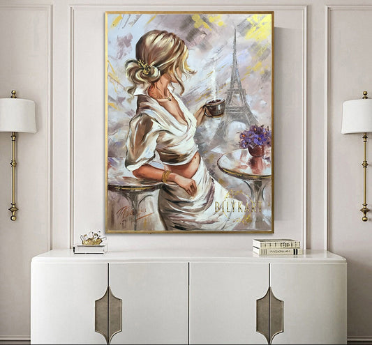 Woman in Paris Painting Original Paris Wall Art Woman Drinking Coffee Oil Painting on Canvas Paris Cafe Art Eiffel Tower Paintings
