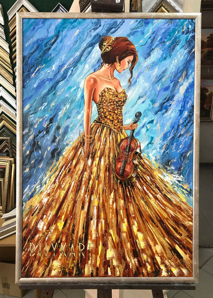 Abstract Woman in Gold Dress Oil Painting Original Girl Music Painting Blue Gold Violin Decor Violin Player Painting Modern Woman Artwork