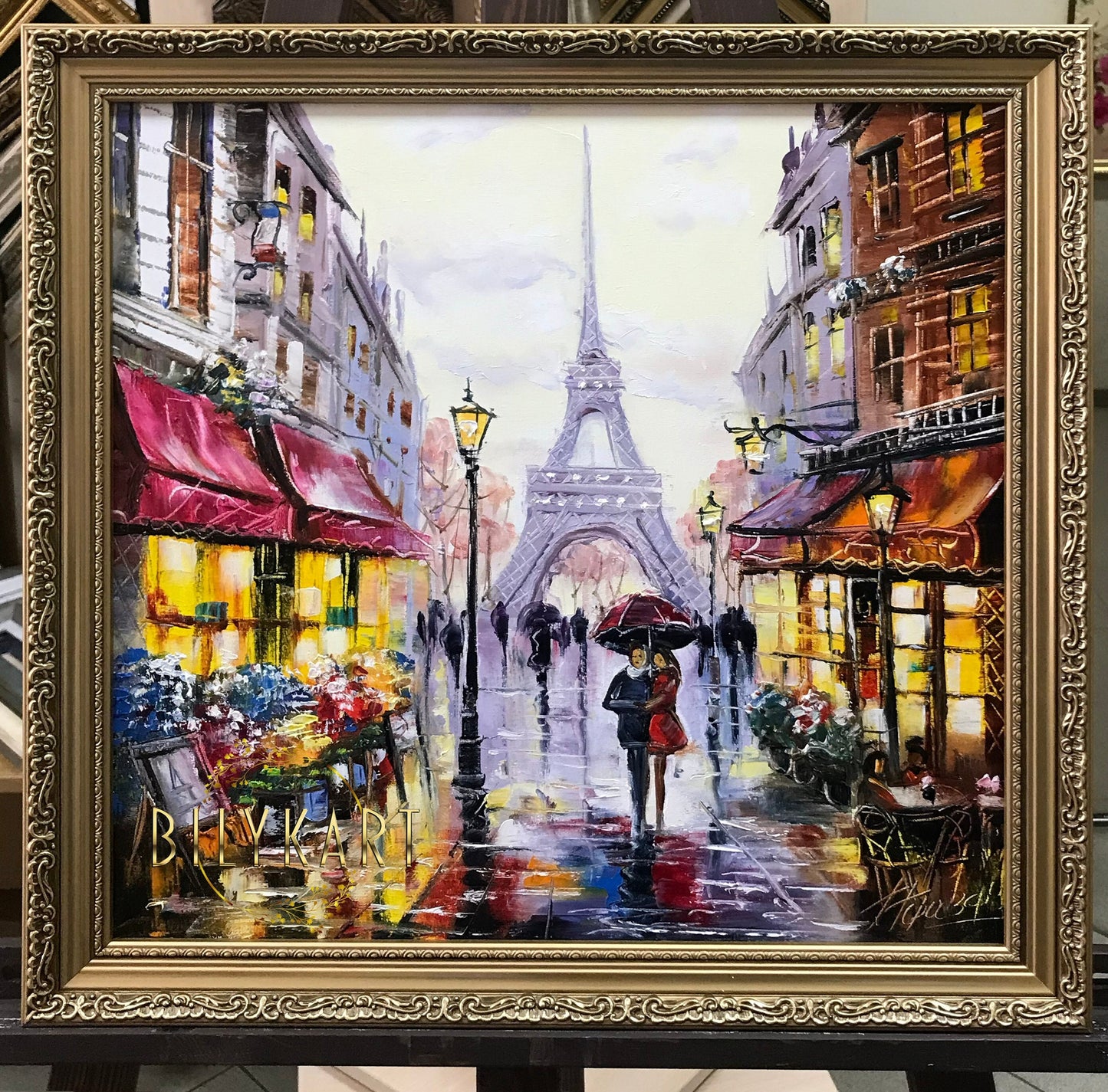 Paris Eiffel Tower Oil Painting Framed Couple Walking in Paris Painting on Canvas Midnight in Paris Landscape Painting with Gold Frame Art