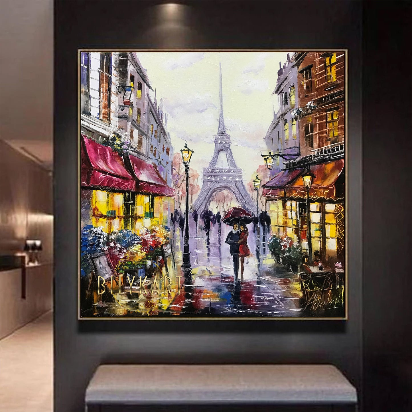 Paris Eiffel Tower Oil Painting Framed Couple Walking in Paris Painting on Canvas Midnight in Paris Landscape Painting with Gold Frame Art