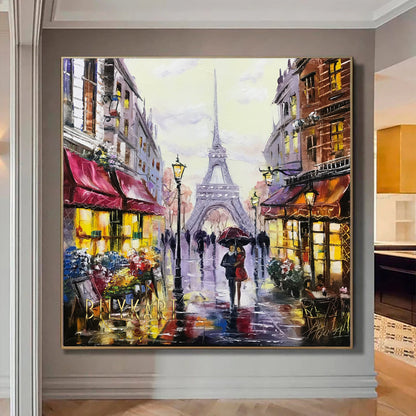 Paris Eiffel Tower Oil Painting Framed Couple Walking in Paris Painting on Canvas Midnight in Paris Landscape Painting with Gold Frame Art