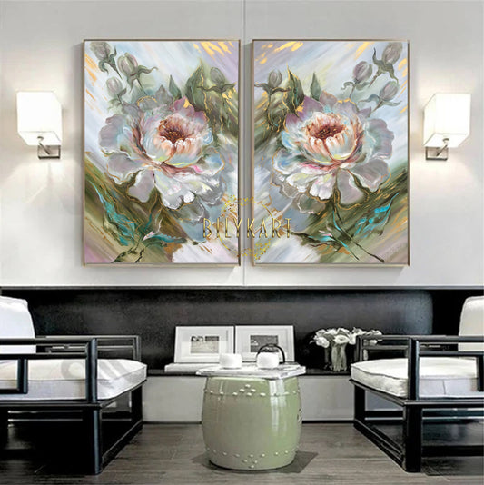 Set of 2 Flower Paintings Original Handmade Floral Paintings White Green Floral Wall Art 2 Modern Abstract Peony Oil Painting Painting Set 2