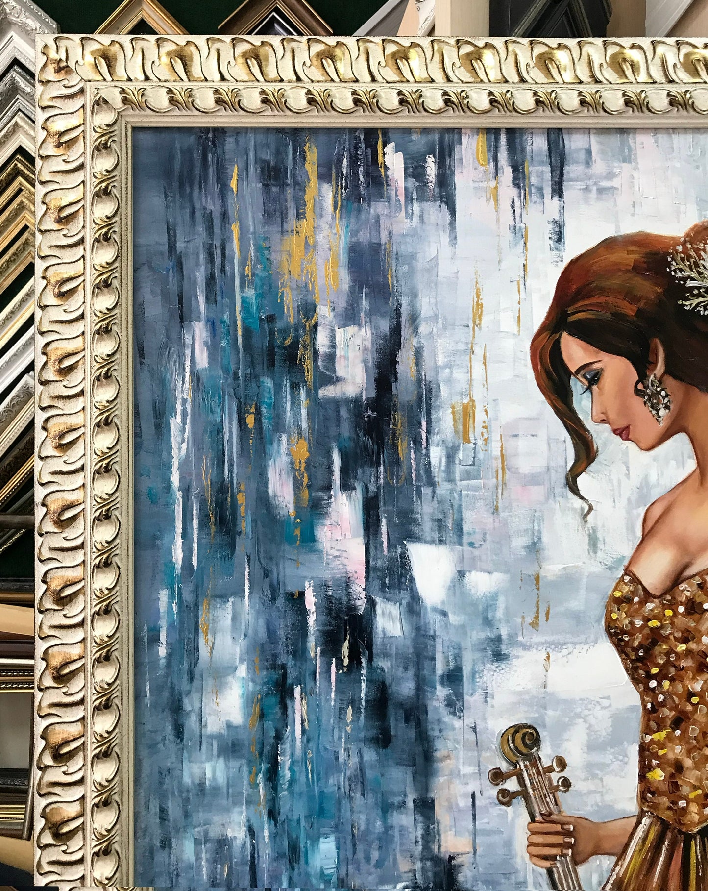 Large Abstract Girl with Violin Oil Painting Original Framed Woman in Gold Dress Painting with Thick Ornate White Gold Wooden Frame 40x60"