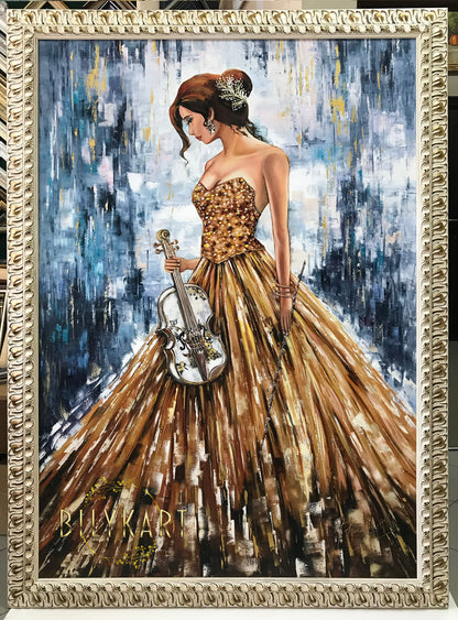 Large Abstract Girl with Violin Oil Painting Original Framed Woman in Gold Dress Painting with Thick Ornate White Gold Wooden Frame 40x60"