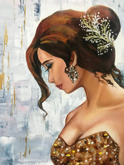 Large Abstract Girl with Violin Oil Painting Original Framed Woman in Gold Dress Painting with Thick Ornate White Gold Wooden Frame 40x60"