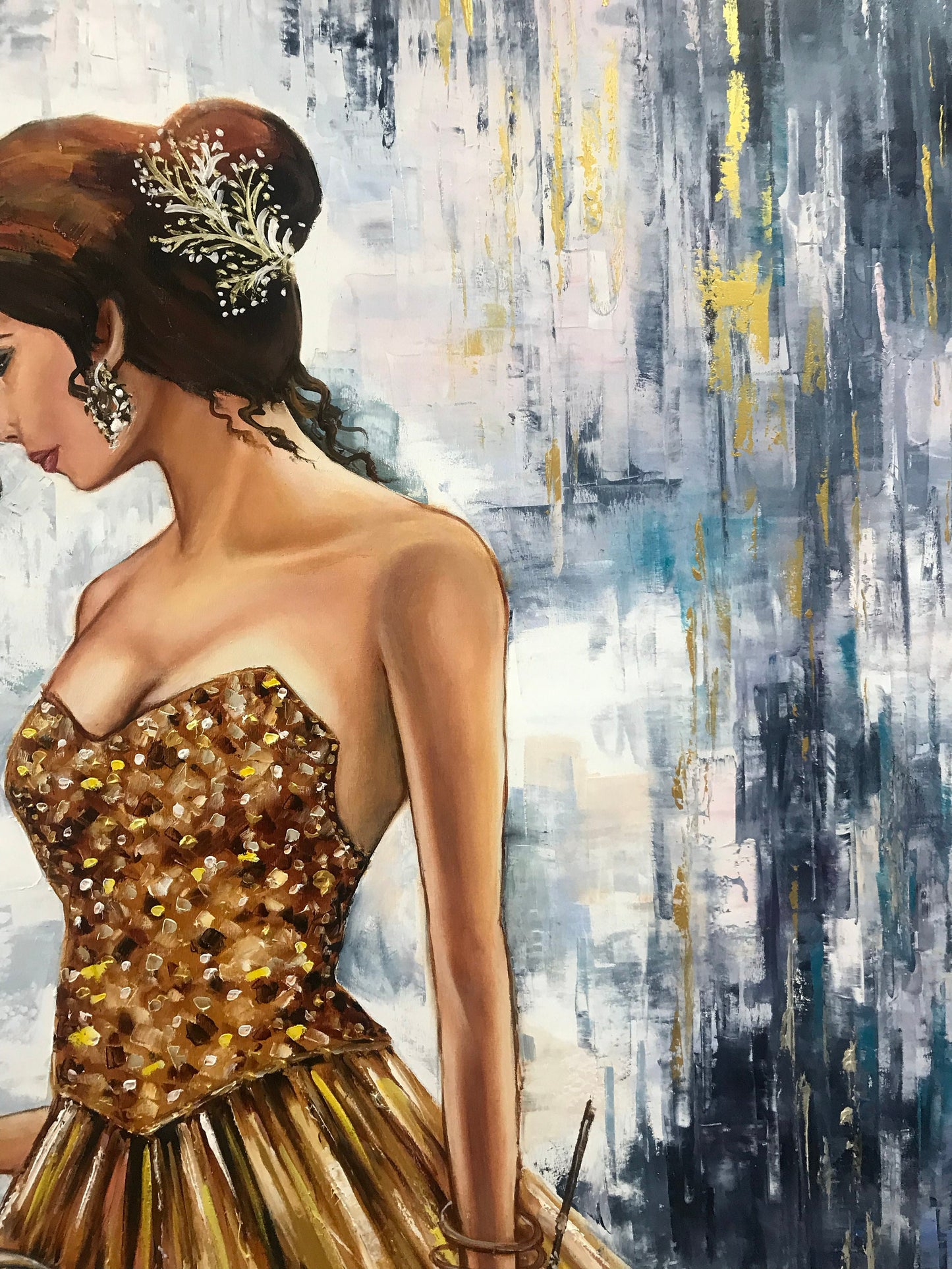 Large Abstract Girl with Violin Oil Painting Original Framed Woman in Gold Dress Painting with Thick Ornate White Gold Wooden Frame 40x60"