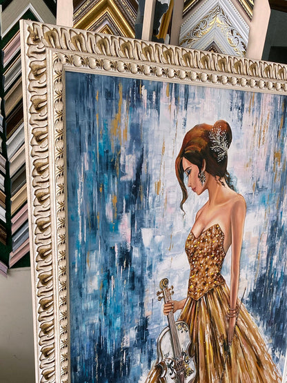 Large Abstract Girl with Violin Oil Painting Original Framed Woman in Gold Dress Painting with Thick Ornate White Gold Wooden Frame 40x60"