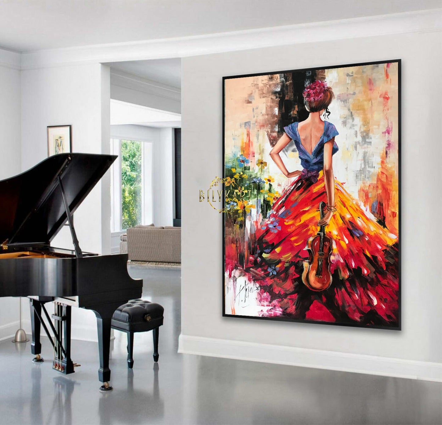 Abstract Woman in Red Dress Oil Painting Original Abstract Girl Back View Painting Extra Large Oil Painting Over Fireplace Modern Woman Art