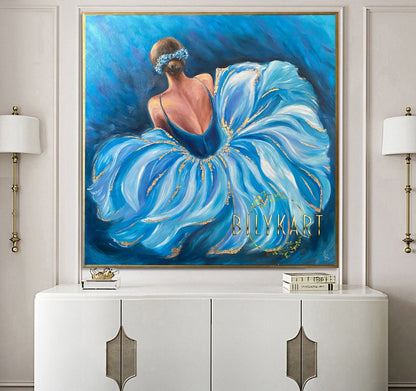 Abstract Ballerina Oil Painting Original Blue Ballerina Wall Art Girl in Dress Painting Gold Frame Ballet Art Ballerina Painting on Canvas