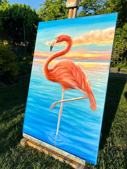 Flamingo Painting Original Flamingo Nursery Wall Art Bird Oil Painting Rainforest Animal Wall Decor Sea Sunset Oil Painting Flamingo Gifts