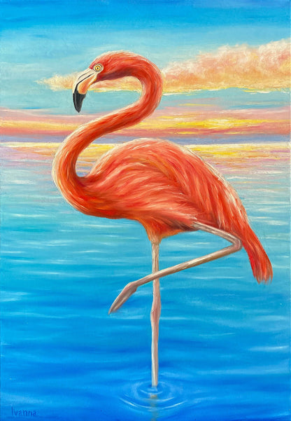 Flamingo Painting Original Flamingo Nursery Wall Art Bird Oil Painting Rainforest Animal Wall Decor Sea Sunset Oil Painting Flamingo Gifts