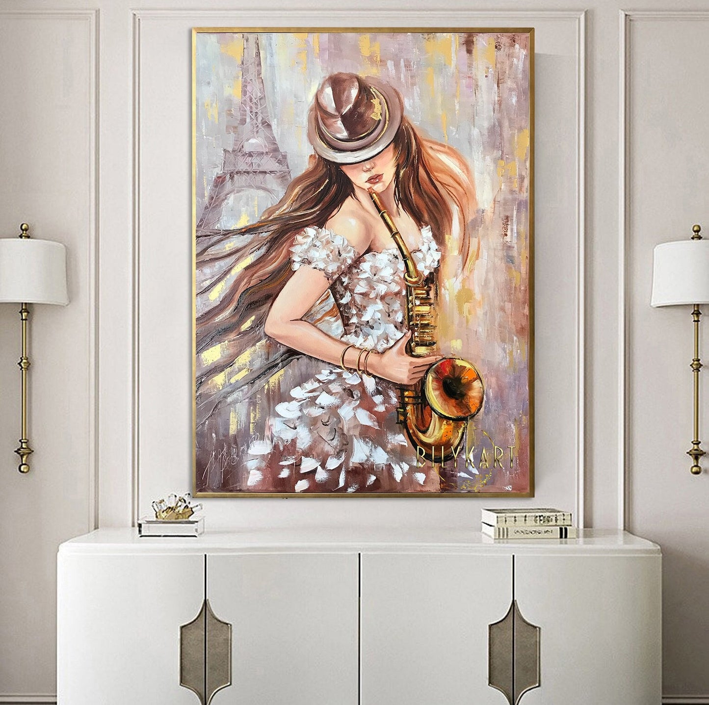 Abstract Figurative Painting Woman in Hat Playing Saxophone Oil Painting Figurative Art Jazz Painting Paris Painting Abstract Woman Art Gift