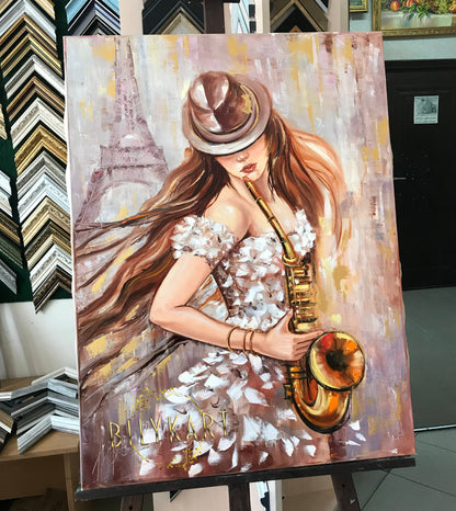 Abstract Figurative Painting Woman in Hat Playing Saxophone Oil Painting Figurative Art Jazz Painting Paris Painting Abstract Woman Art Gift