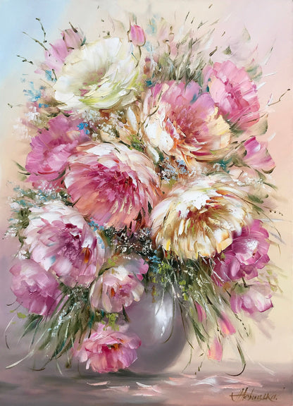 Peonies Oil Painting Original Floral Still Life Painting Mauve Peony on Canvas Painting Bouquet of Flowers in Vase Painting Flower Art Gift