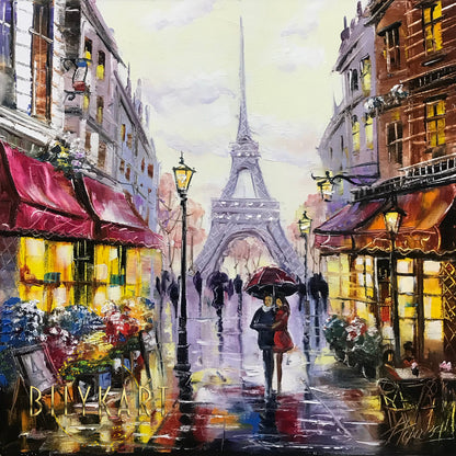 Paris Eiffel Tower Oil Painting Framed Couple Walking in Paris Painting on Canvas Midnight in Paris Landscape Painting with Gold Frame Art