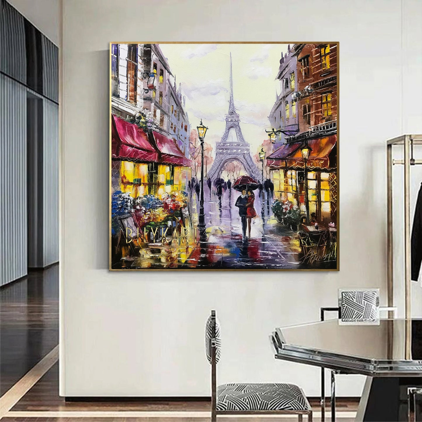 Paris Eiffel Tower Oil Painting Framed Couple Walking in Paris Painting on Canvas Midnight in Paris Landscape Painting with Gold Frame Art