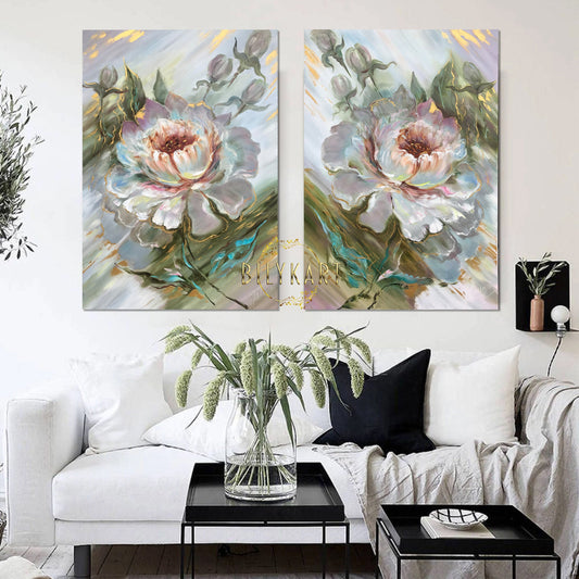 Set of 2 Flower Paintings Original Handmade Floral Paintings White Green Floral Wall Art 2 Modern Abstract Peony Oil Painting Painting Set 2