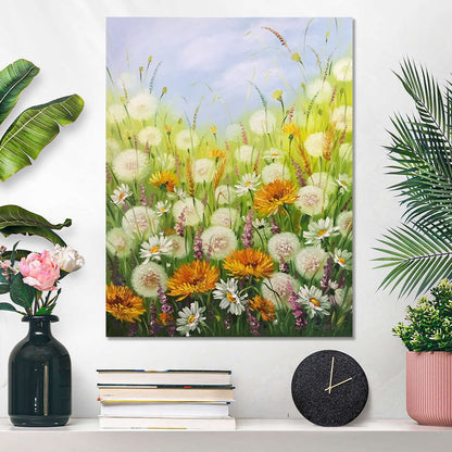 Flower Field Oil Painting Original Art Work Wildflower Meadow Painting on Canvas Dandelions Art Floral Meadow Painting Dandelion Flower Art