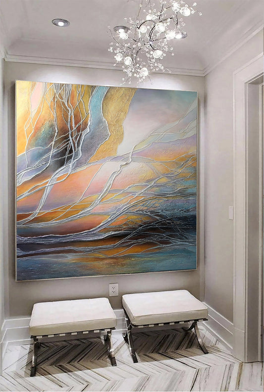 Extra Large Blue and Yellow Abstract Painting on Canvas Oversized Modern Silver Wall Art Textured Gold Paintings Modern Painting Abstract