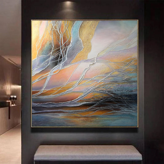 Extra Large Blue and Yellow Abstract Painting on Canvas Oversized Modern Silver Wall Art Textured Gold Paintings Modern Painting Abstract