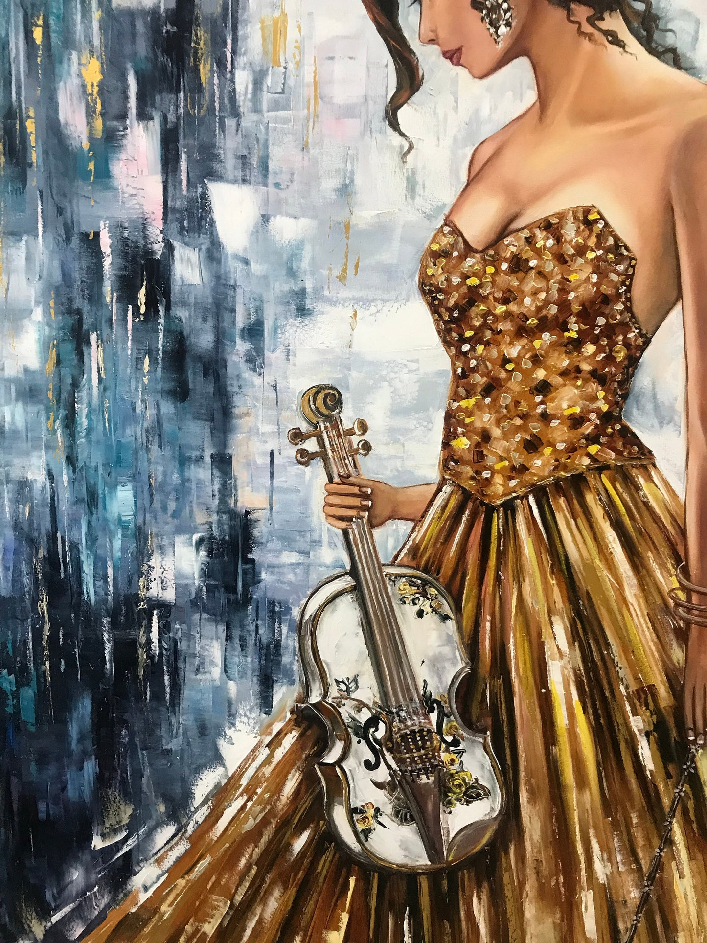 Large Abstract Girl with Violin Oil Painting Original Framed Woman in Gold Dress Painting with Thick Ornate White Gold Wooden Frame 40x60"