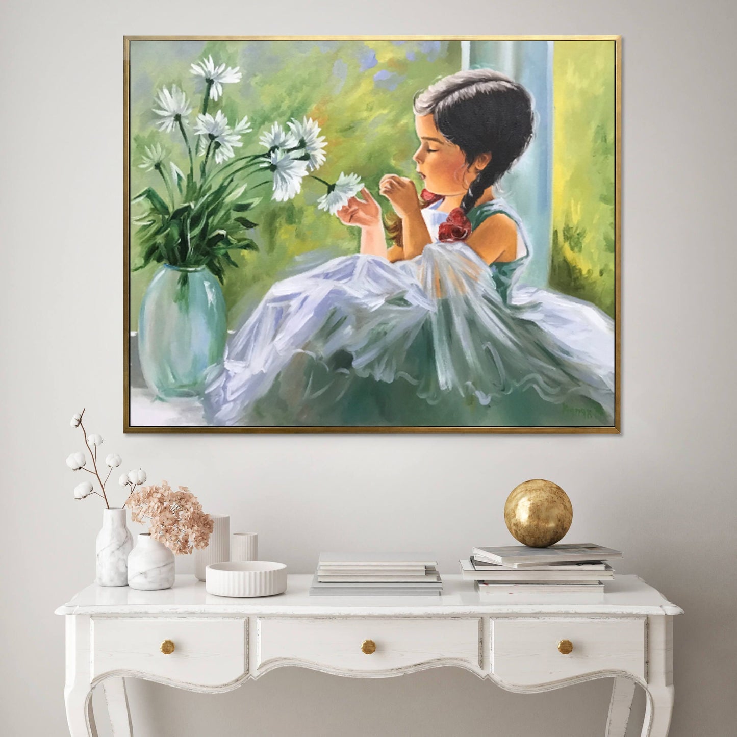 Little Girl Painting Original Artwork Small Oil Painting Aesthetic Room Decor for Kids Girl with Flowers Wall Art Green White Painting 16x20